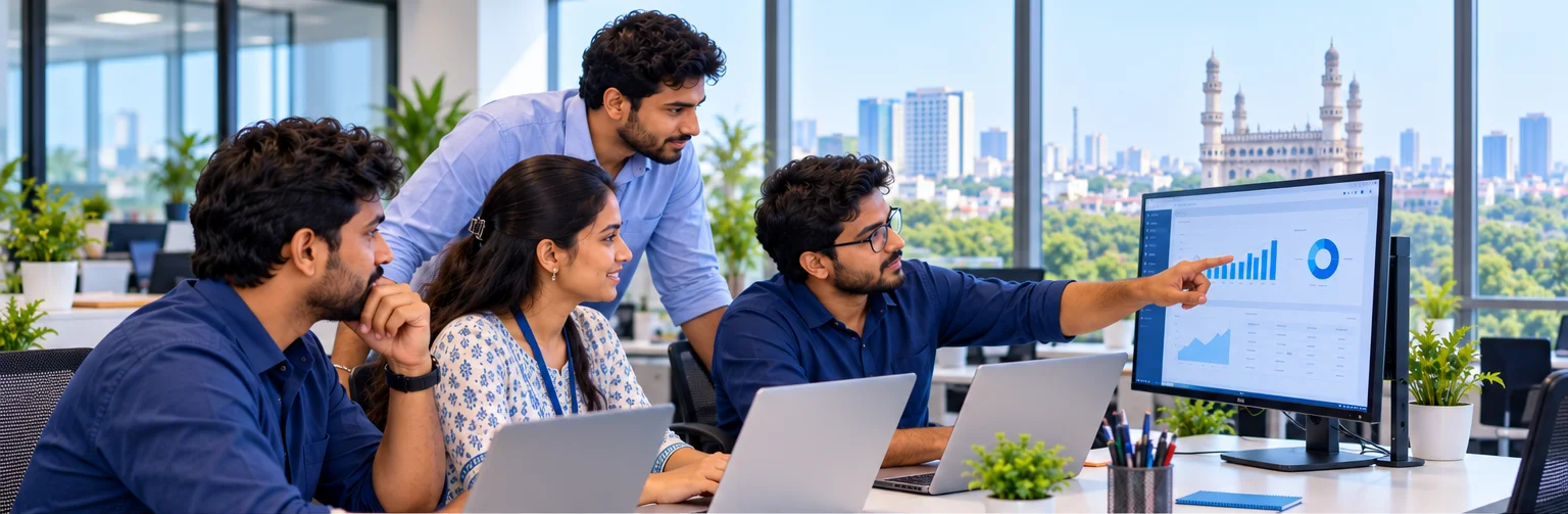 The HireWire team reviewing a dashboard in a Hyderabad office