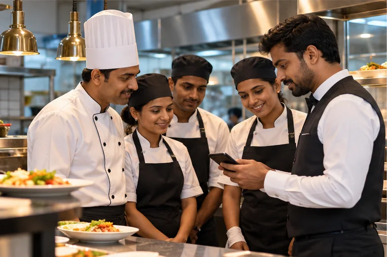 Restaurant crew checking the shift roster on a phone before service