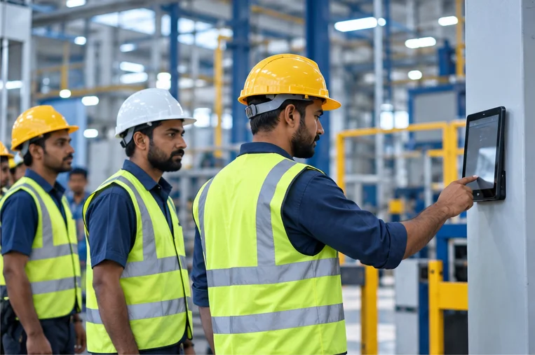 Factory workers checking in on a wall-mounted tablet at shift change