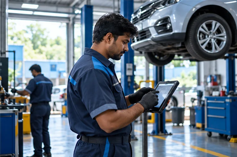 A technician clocking into a job card on a tablet in a service bay